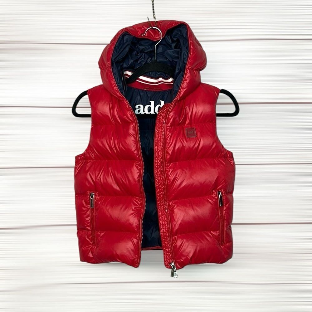 ADD Red Down Hooded Puff Vest Zip Front Pockets Logo Boys size 10Y